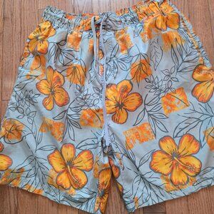 Men's Floral Swim Trunks - Orange Floral on Light Gray